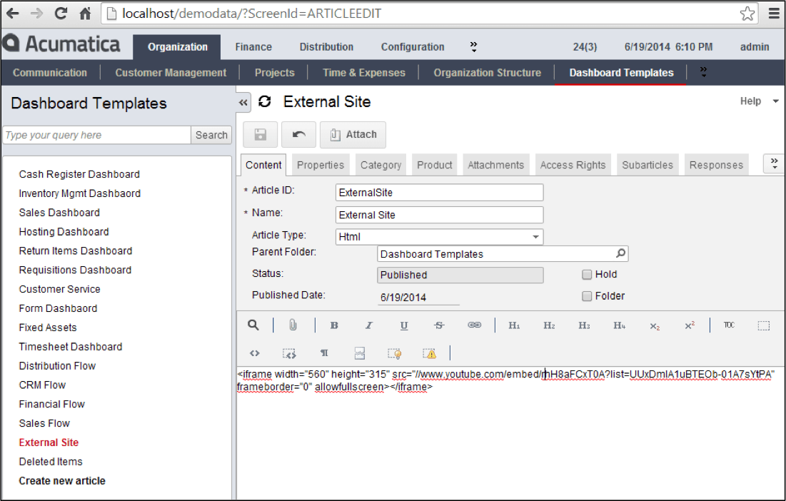Paste the code into your Acumatica wiki page