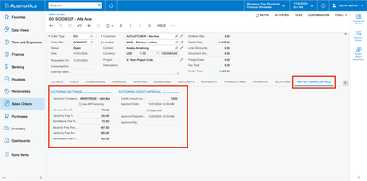 Onglet Détails de l'affacturage AR sur l'écran d'une commande client