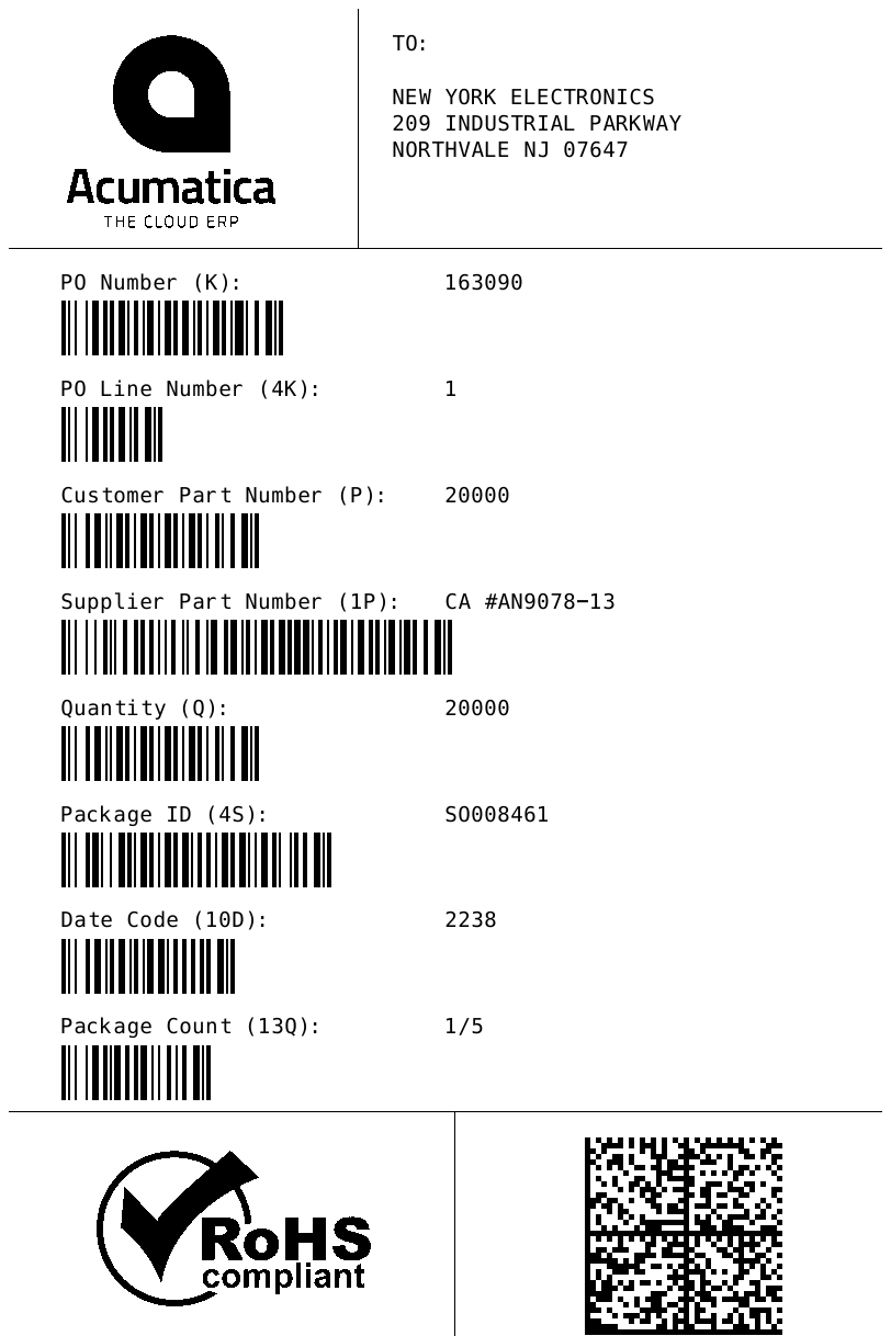 Etiqueta con una mezcla de códigos de barras 1D y 2D, y logotipos