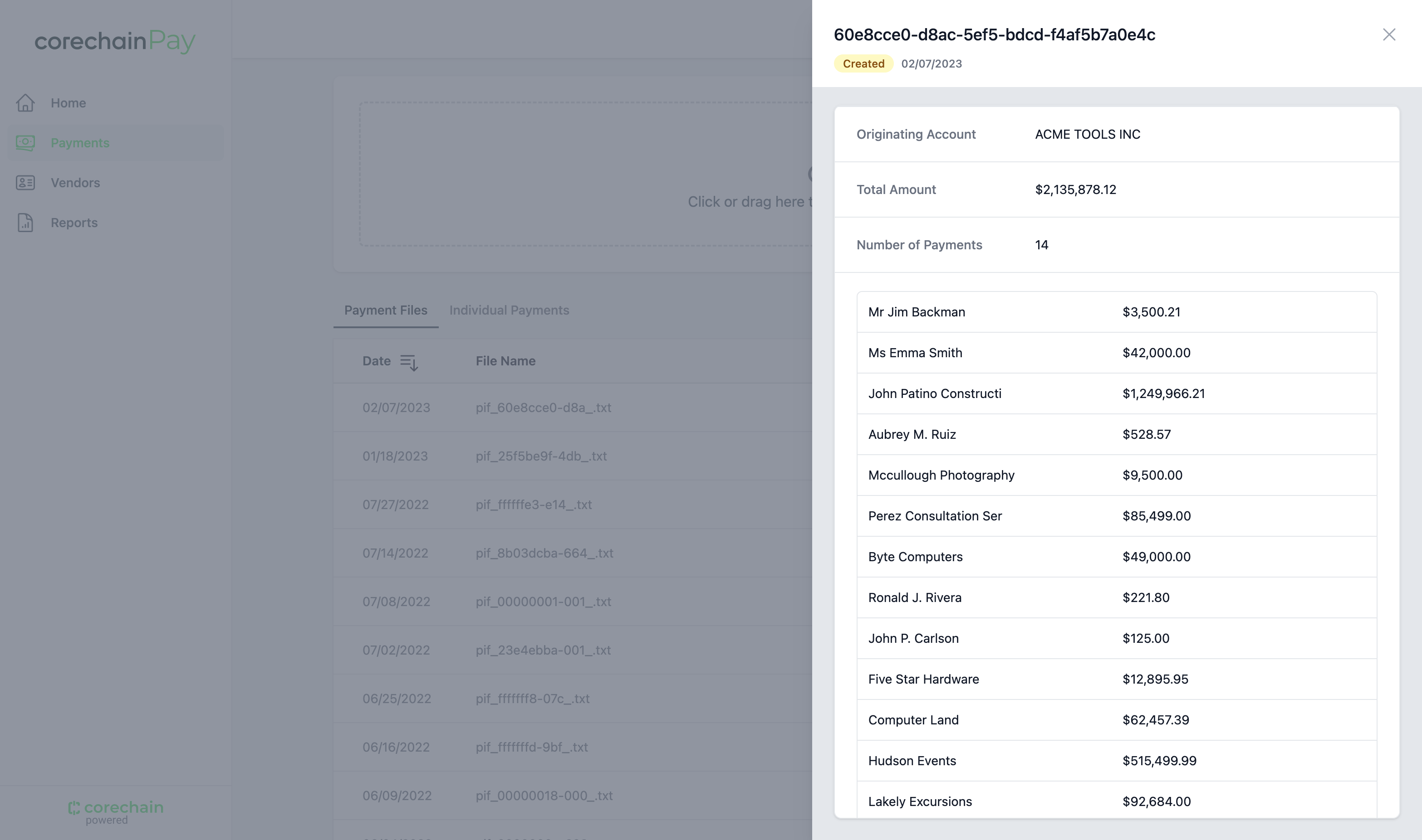 Detalles del conjunto de pagos CoreChain Pay