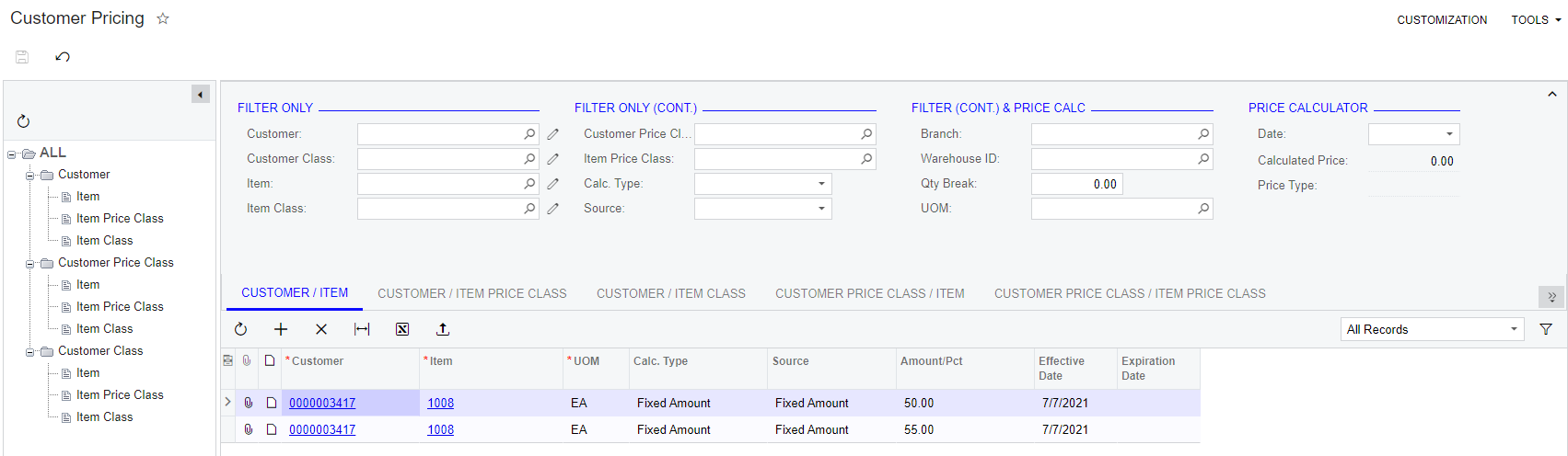 Customer Pricing