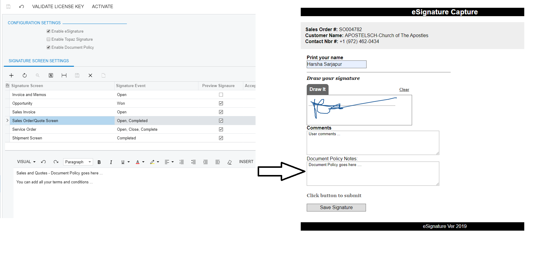 Signature capture On Sales Order screen With Document Policy