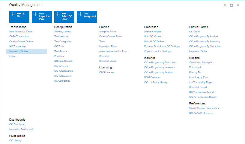 Quality Management for Acumatica- Main Menu