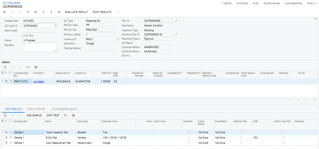 Gestion de la qualité pour Acumatica- Commande QC