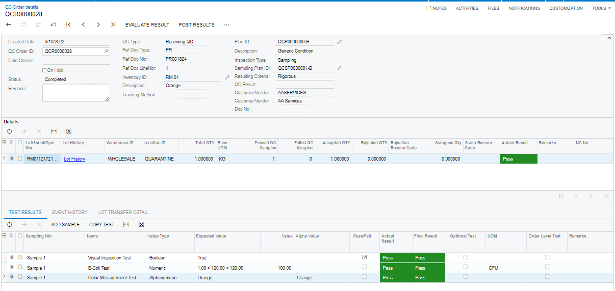 Quality Management for Acumatica- QC Order Results