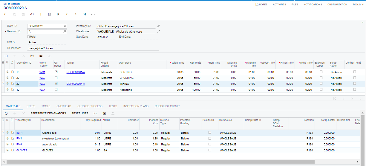 Quality Management for Acumatica- Enhanced Bill of Material