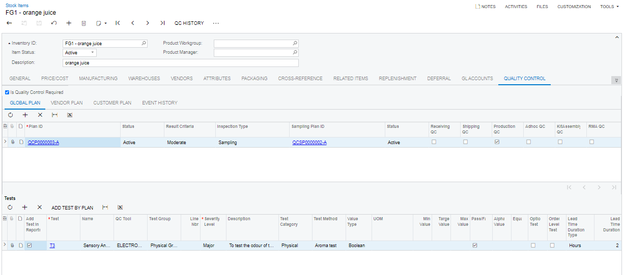 Gestion de la qualité pour Acumatica - Articles en stock