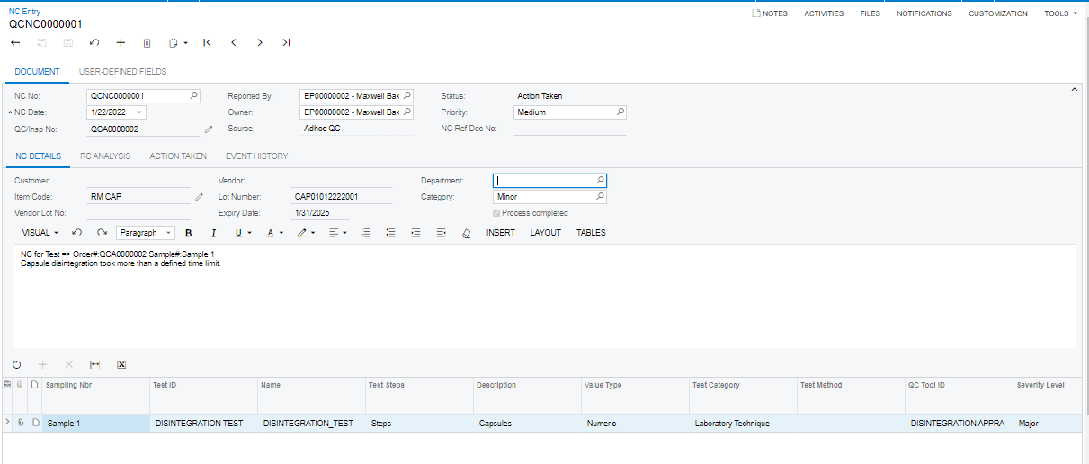 Gestion de la qualité pour Acumatica- NC (entrée de non-conformité)