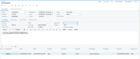 Quality Management for Acumatica- NC (Non-Conformance entry)