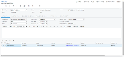 QMS- CAPA (Corrective and Preventive Action entry)