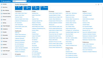 Gestion de la qualité pour Acumatica - Menu principal