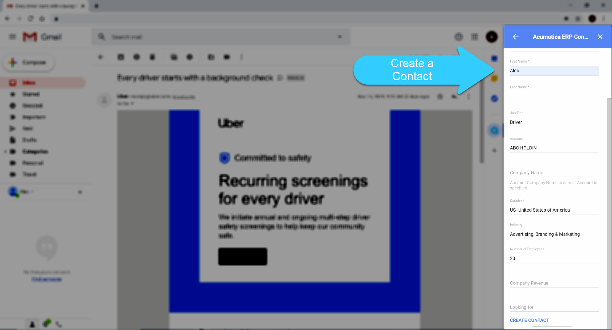 Acumatica Gmail Create Contact