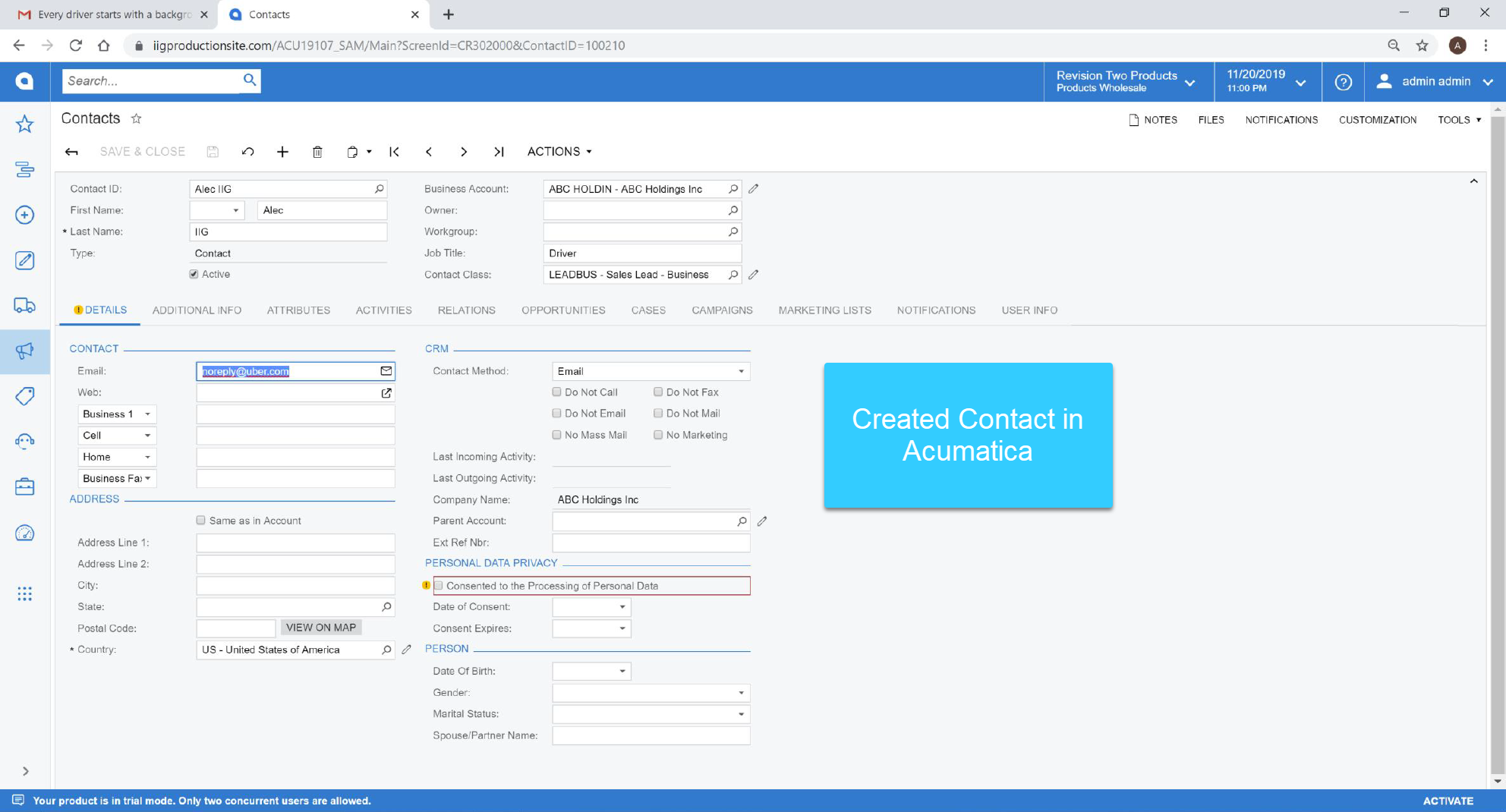 Gmail Created Contact in Acumatica