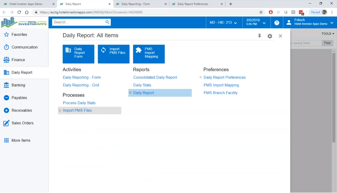 Daily Report menu