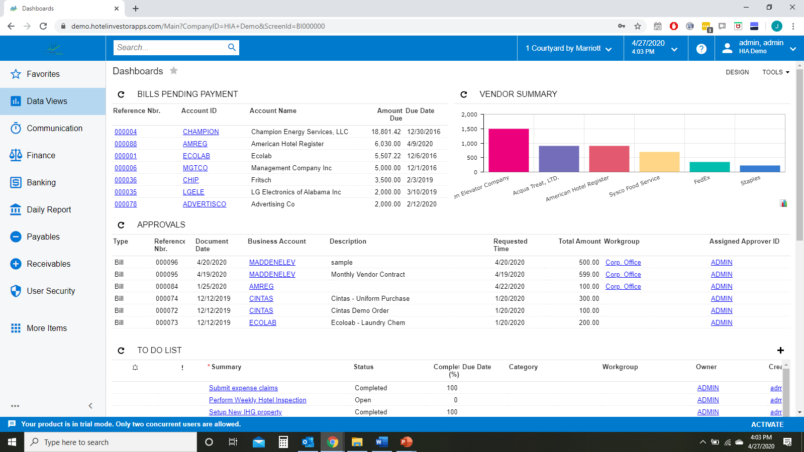 Dashboard bills pending payment, vendor, approvals