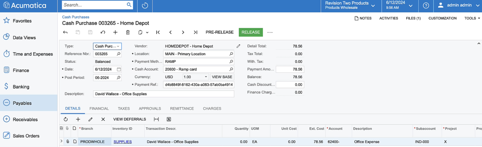 Transactions dans Acumatica