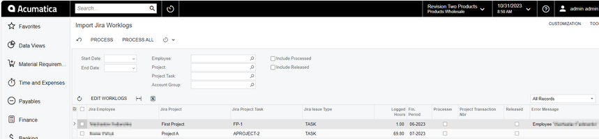 Import Jira Worklogs screen