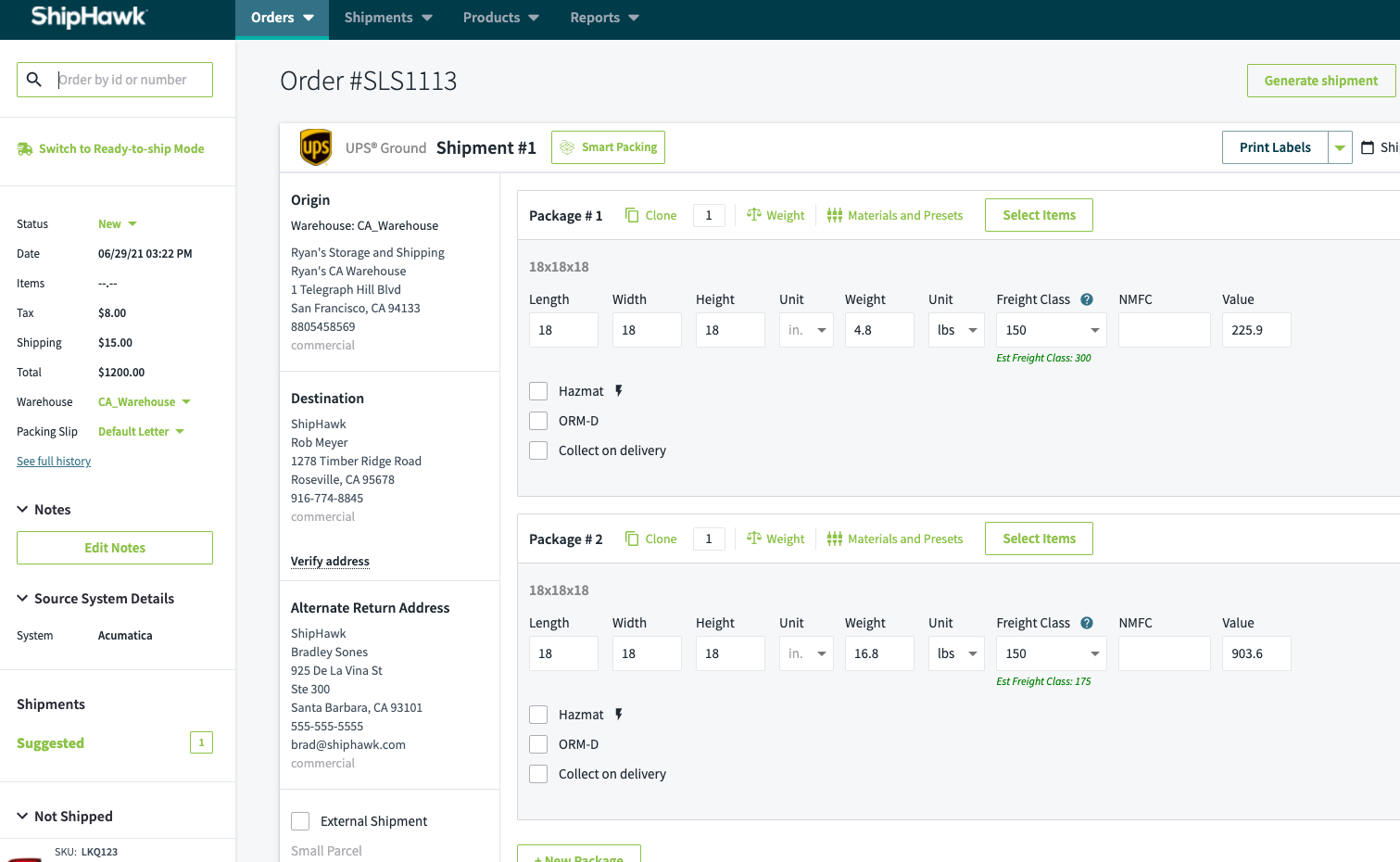 Parcel Order Example