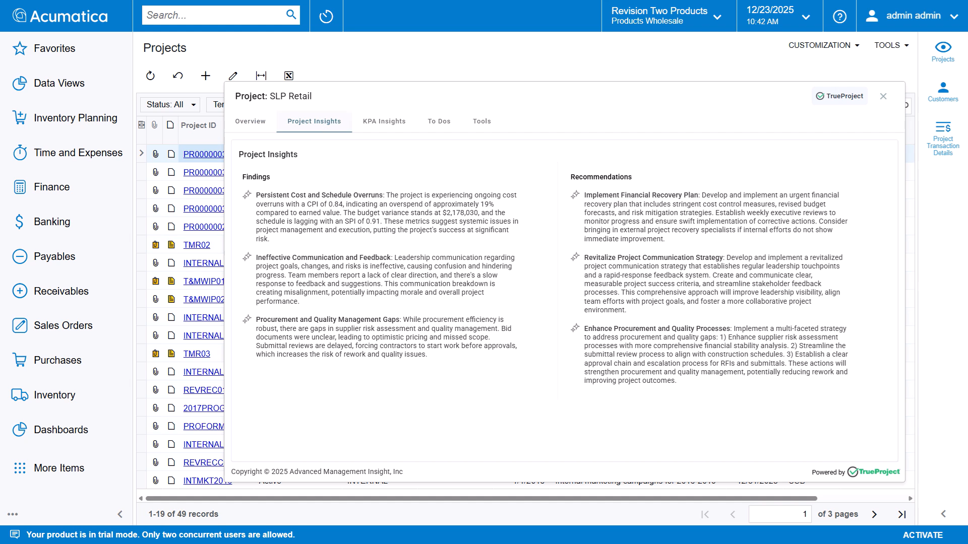 AI generated findings and recommendations for a project.