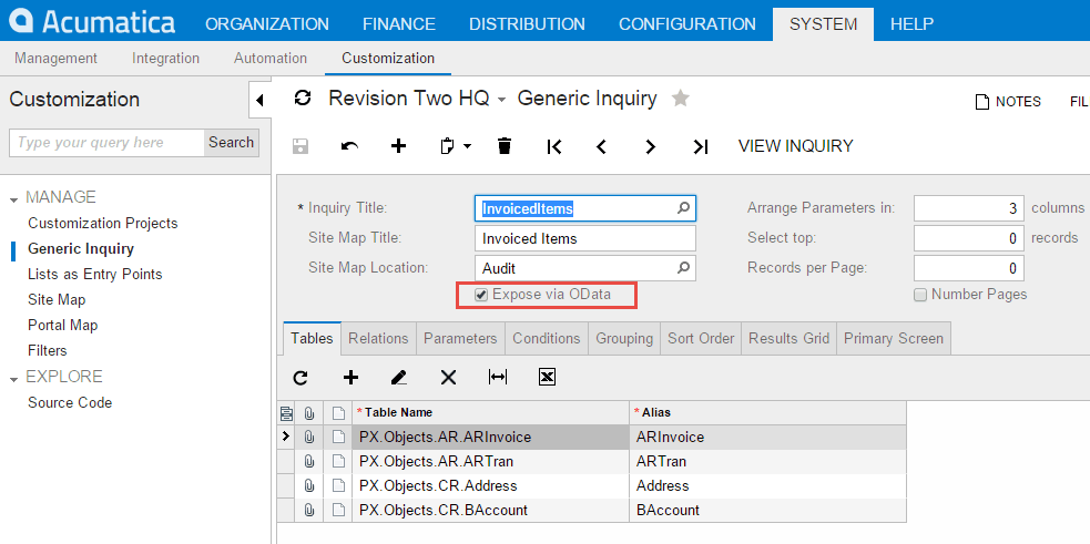 Acumatica Generic Inquiries can publish data using the OData standard
