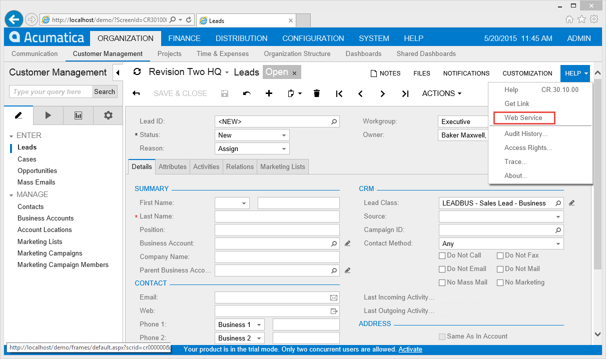 To get the web reference login to the Acumatica application, navigate to the page, click Help, and select the Web Service button