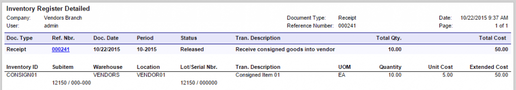 How to Implement Consigned Inventory in Acumatica Cloud ERP Software Inventory Register Detailed.