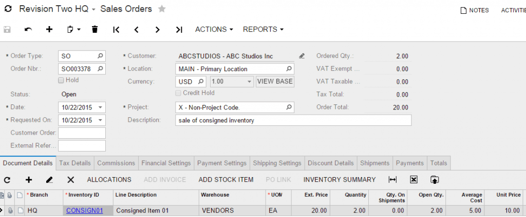 How to Implement Consigned Inventory in Acumatica Cloud ERP Software Revision Two HQ - Sales Orders.