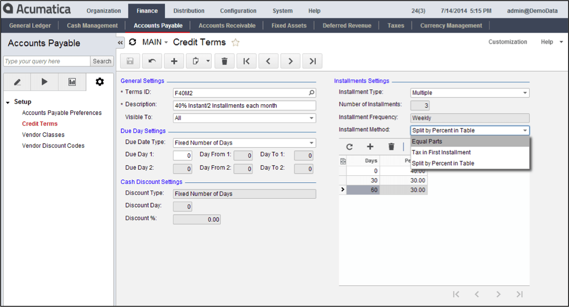 Credit terms screen