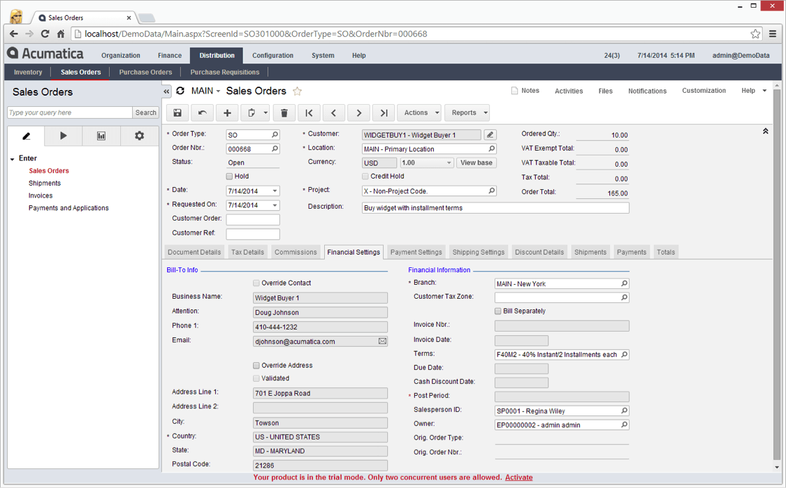 SO with installment terms selected