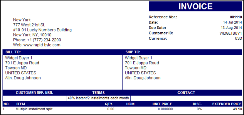 The second invoice created from the installment plan