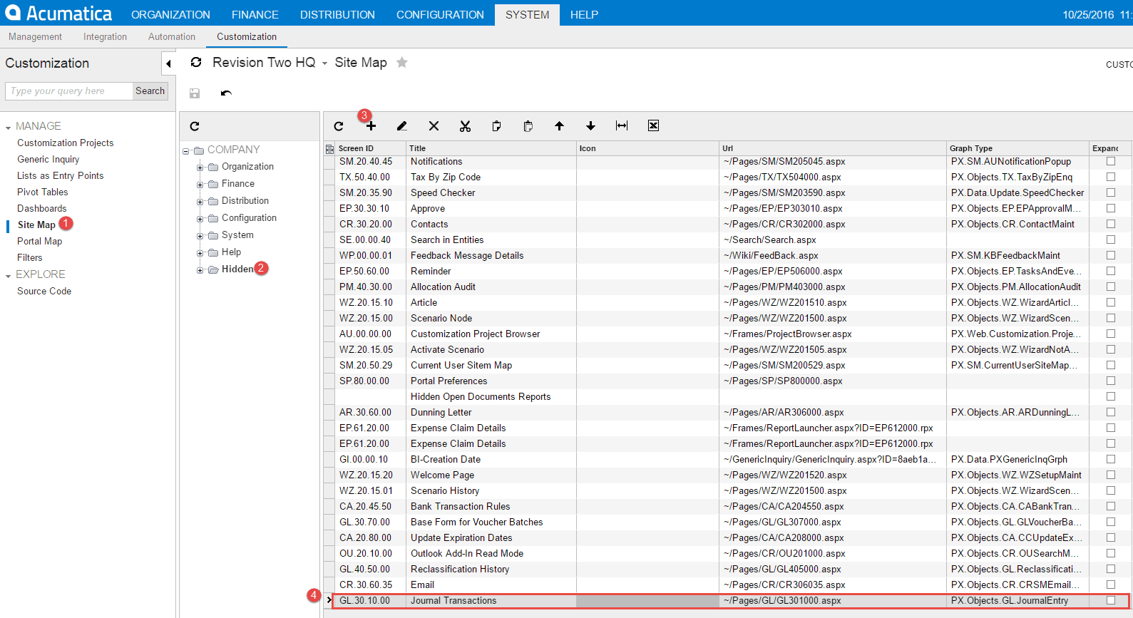 Add the Journal Transactions (GL301000) form to the Hidden folder