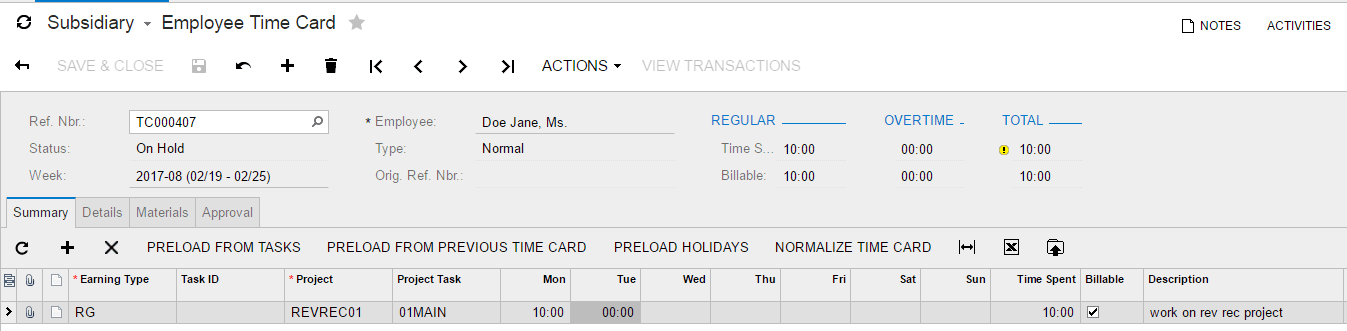 Login as Jane Doe (doe/123) and enter a timecard that is linked to the project