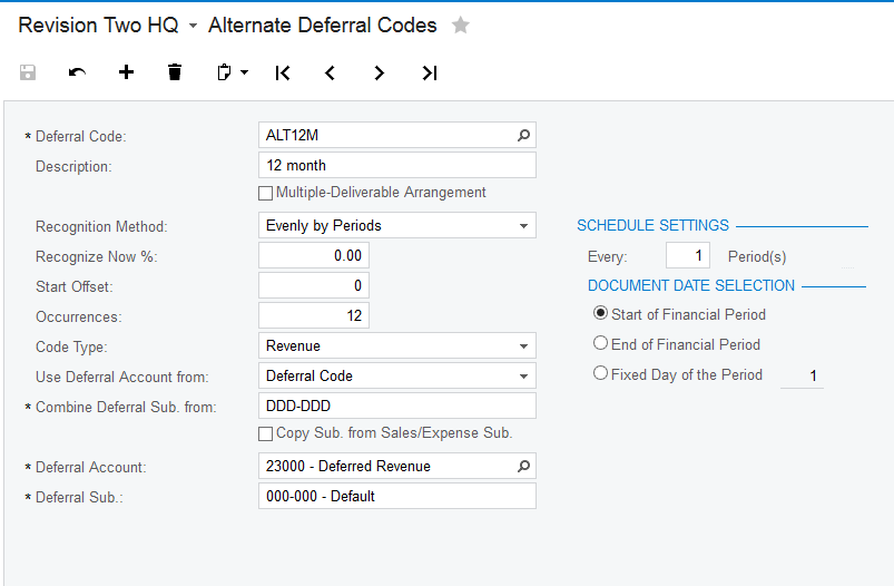 Alternate Deferral Codes Screen