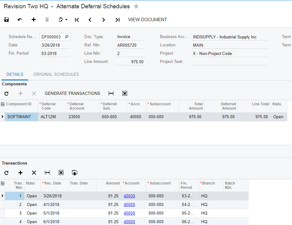 Alternate Deferred Revenue Schedule