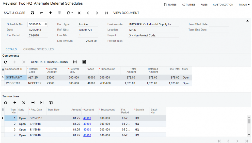 Alternate Deferred Schedules Screen