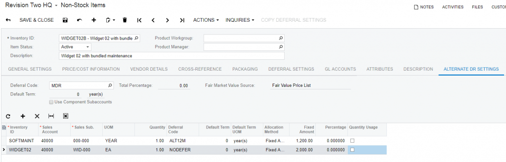 Non-Stock Item with Alternative DR Settings