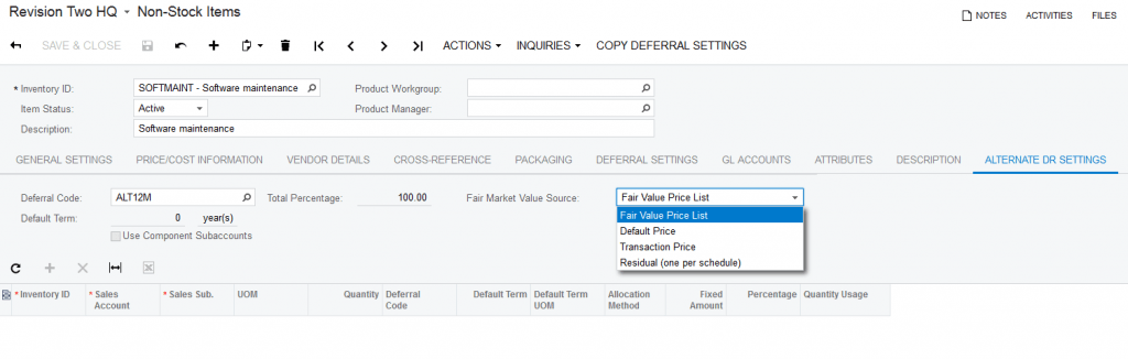 Non-Stock Items Screen Deferral Code in Alternate DR Settings Tab