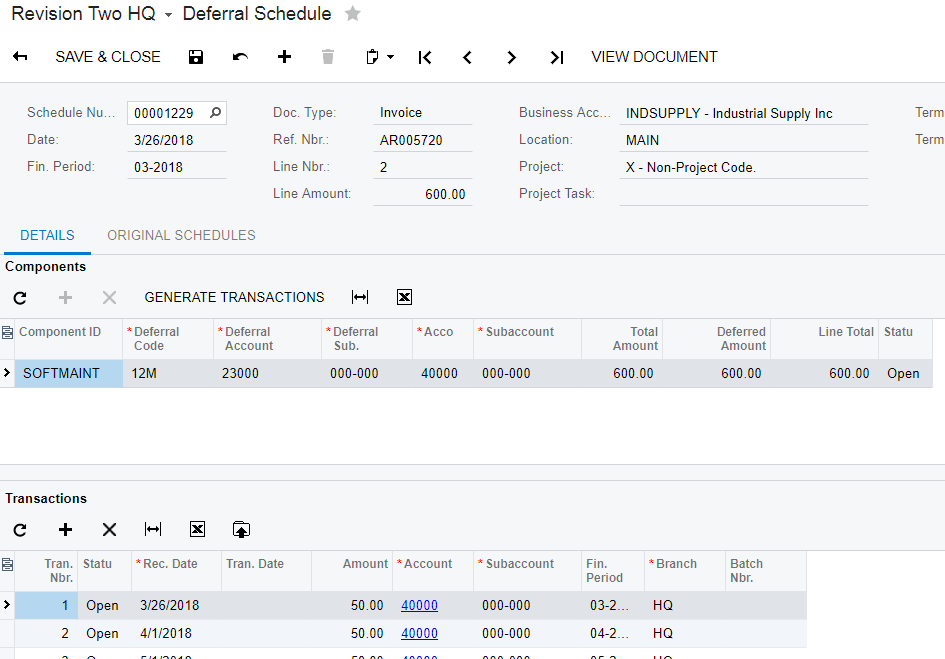 Standard Deferred Revenue Schedule