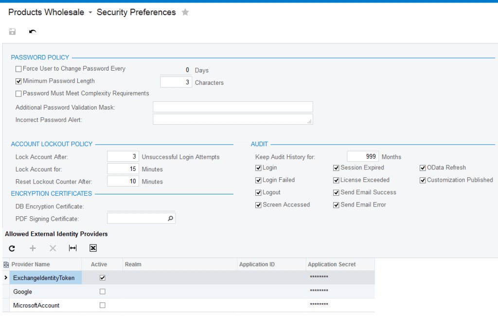 Acumatica Security Preferences screen