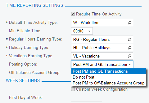 Acumatica cloud ERP provides different timecard posting options