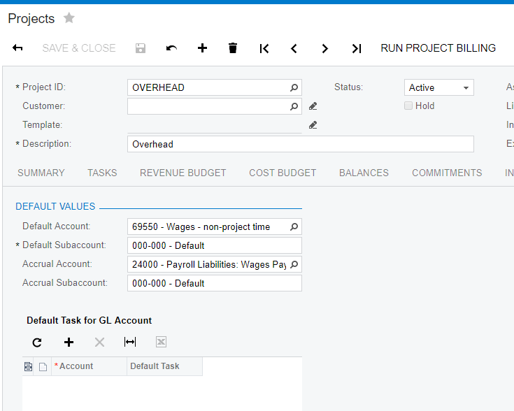 Create a project for overhead – set GL accounts in the project 