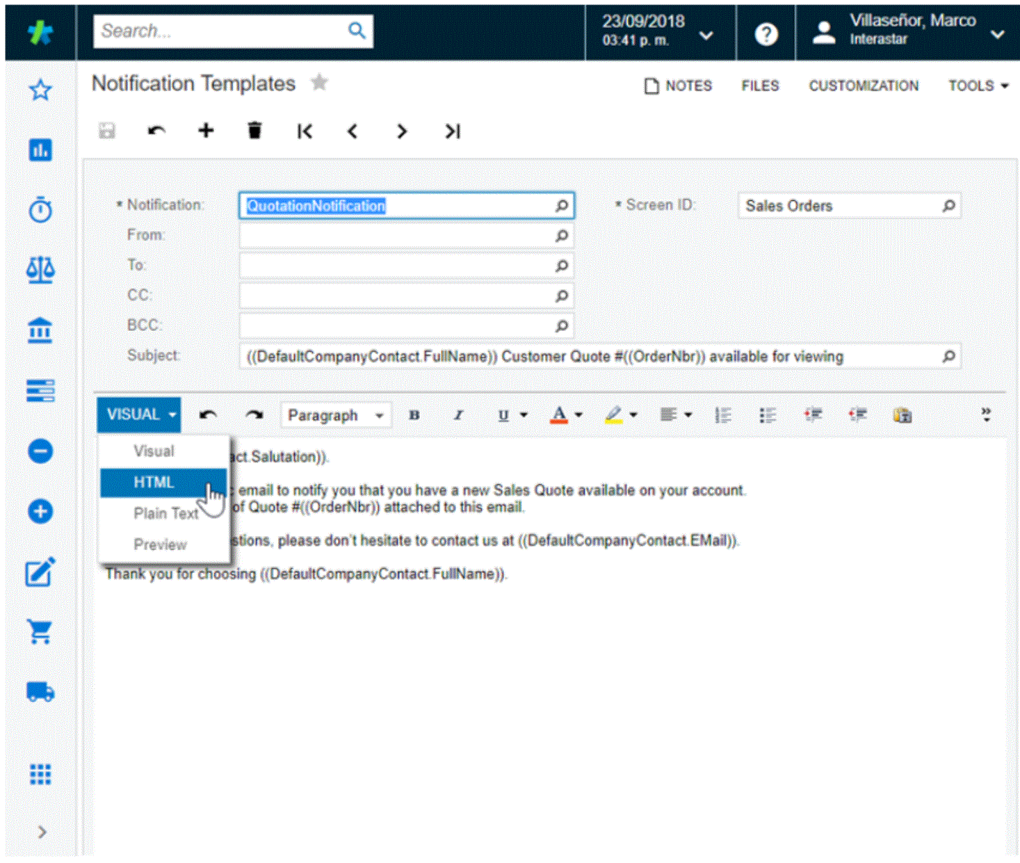 Acumatica Notification Template Editor.