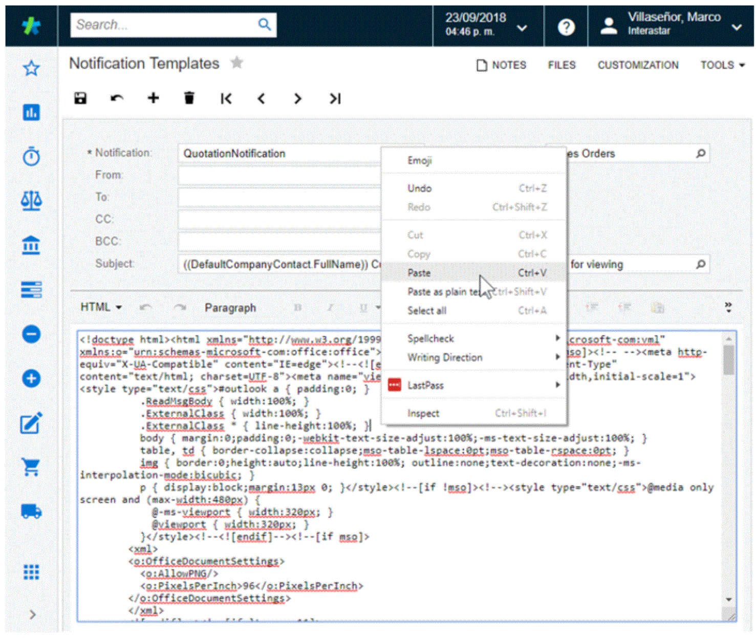 Pasting HTML code in Notification Templates.