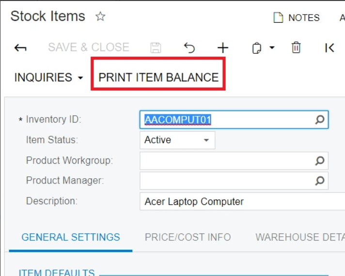 Print Item Balance