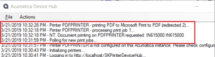 DeviceHub indicates the job being printed