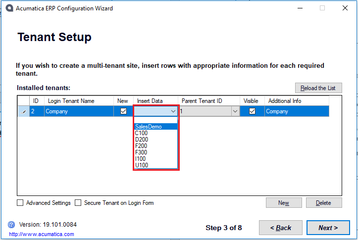 Acumatica ERP Configuration Wizard - Tenant Setup.