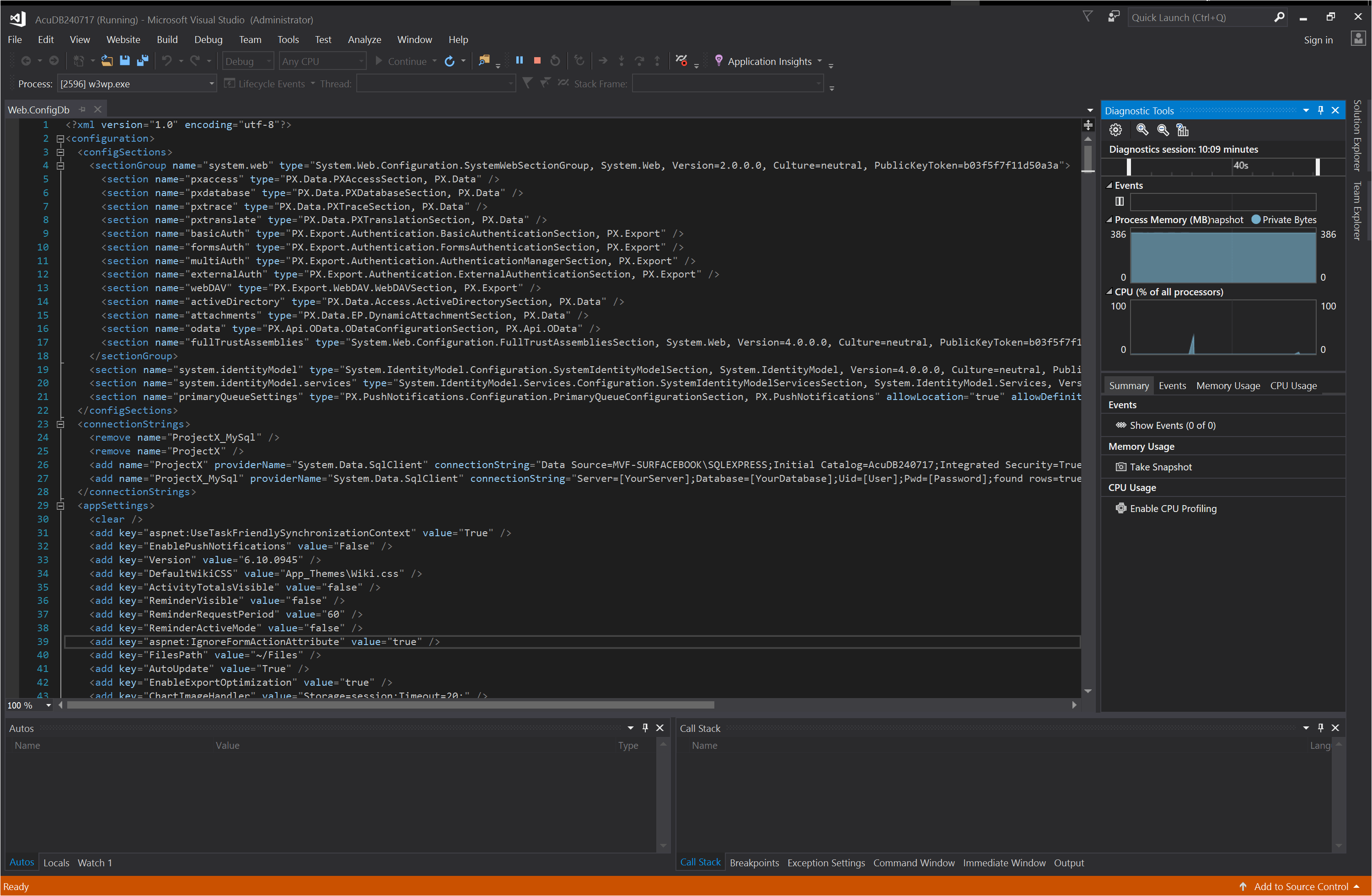 Diagnostics Tools Pane on the right