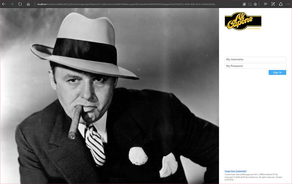 Replacing the Acumatica images with the Al Capone images, the result of rendering the login page.