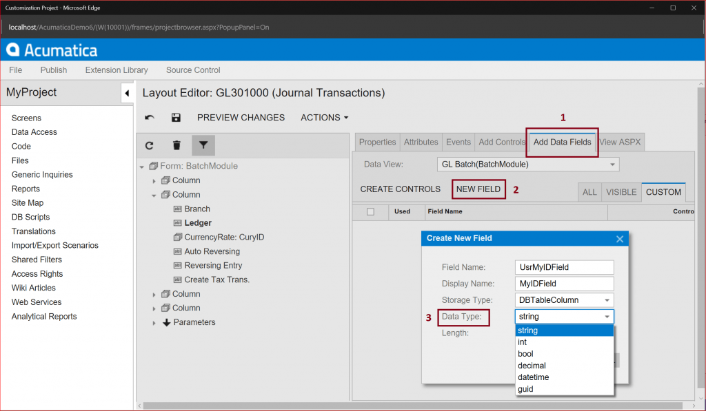 Acumatica Cloud ERP Dashboard - Add Data Field