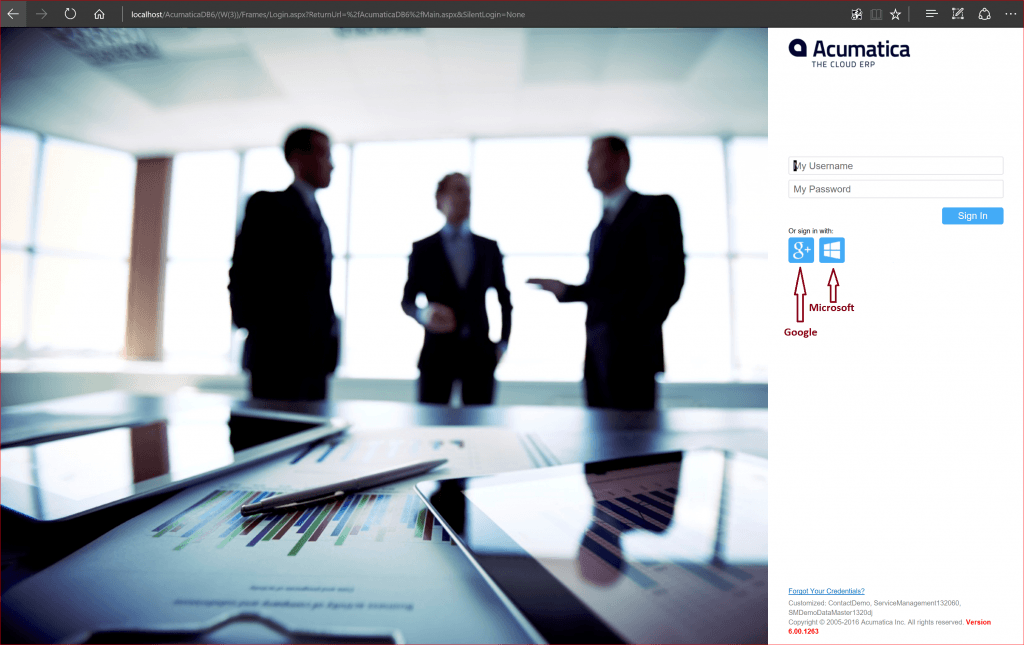 Acumatica Cloud ERP - Google and Microsoft Login.